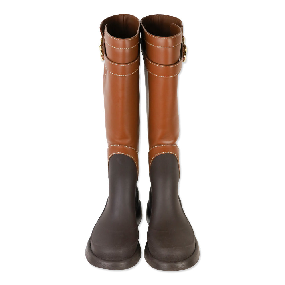 Valentino Garavani Brown Leather and Rubber Logo Buckle Rainboot