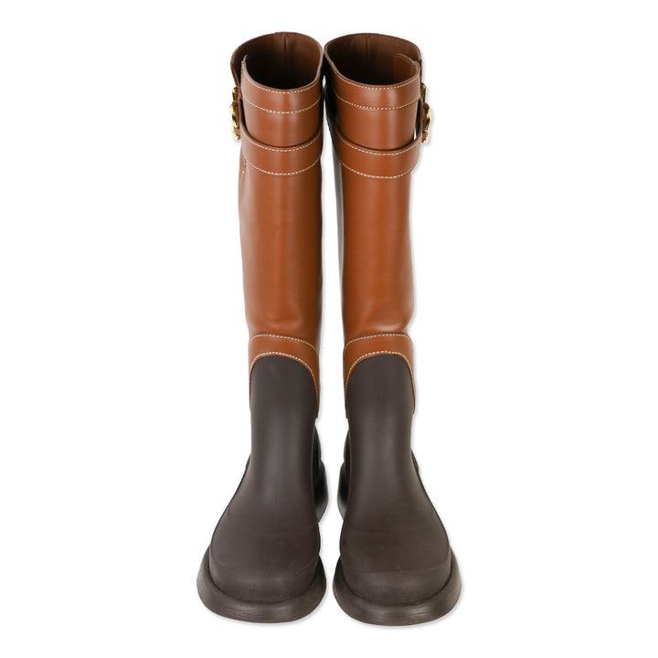 Valentino Garavani Brown Leather and Rubber Logo Buckle Rainboot