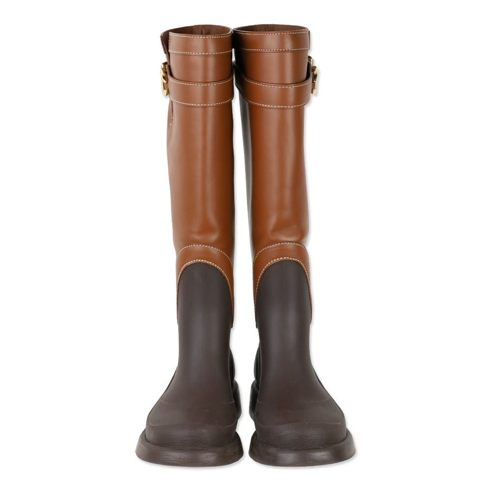 Valentino Garavani Brown Leather and Rubber Logo Buckle Rainboot