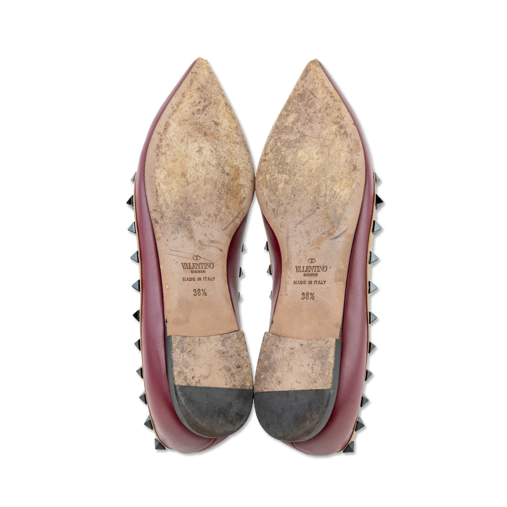 Valentino Garavani Burgundy Leather Rockstud Pointed-Toe Ballet Flats