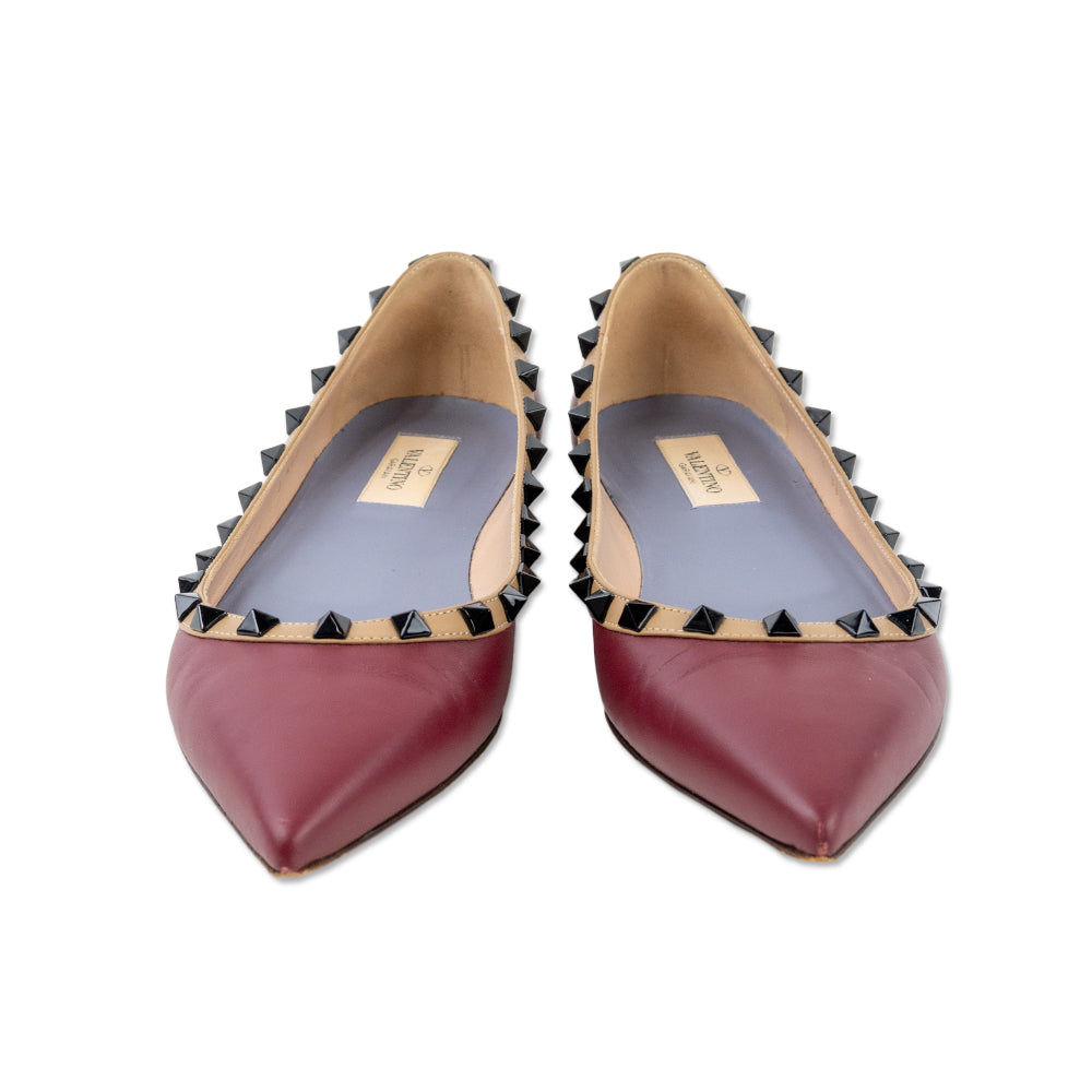 Valentino Garavani Burgundy Leather Rockstud Pointed-Toe Ballet Flats