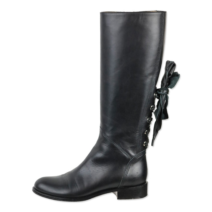 Valentino Garavani Calfskin Bow Lace Up Back Knee High Tall Boots