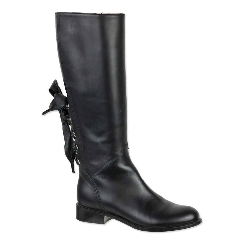Valentino Garavani Calfskin Bow Lace Up Back Knee High Tall Boots
