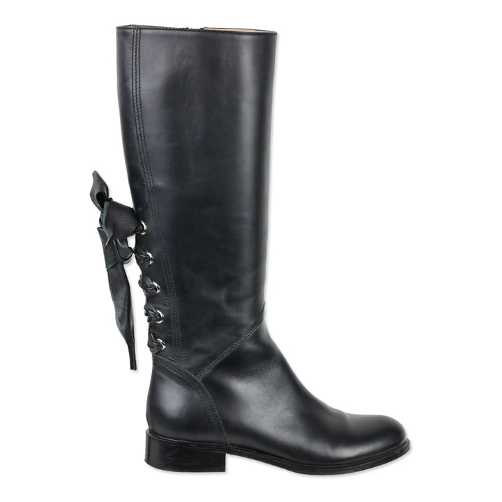 Valentino Garavani Calfskin Bow Lace Up Back Knee High Tall Boots