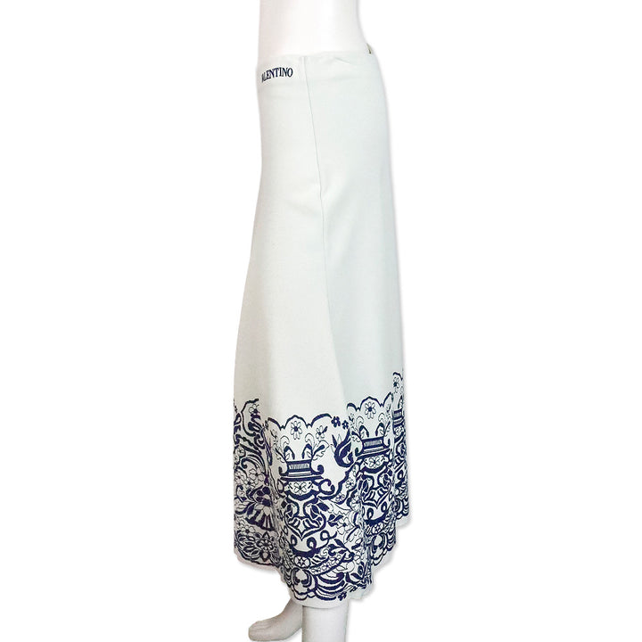 Valentino Garavani Ivory with Blue Floral Trim Print Stretch Jersey Flared Midi Skirt