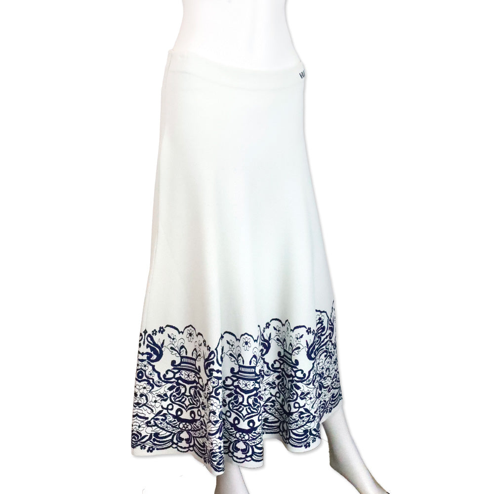 Valentino Garavani Ivory with Blue Floral Trim Print Stretch Jersey Flared Midi Skirt