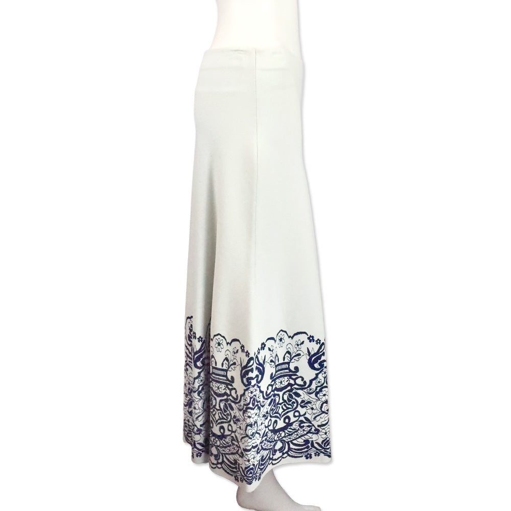 Valentino Garavani Ivory with Blue Floral Trim Print Stretch Jersey Flared Midi Skirt