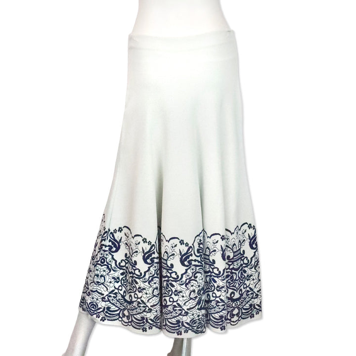 Valentino Garavani Ivory with Blue Floral Trim Print Stretch Jersey Flared Midi Skirt