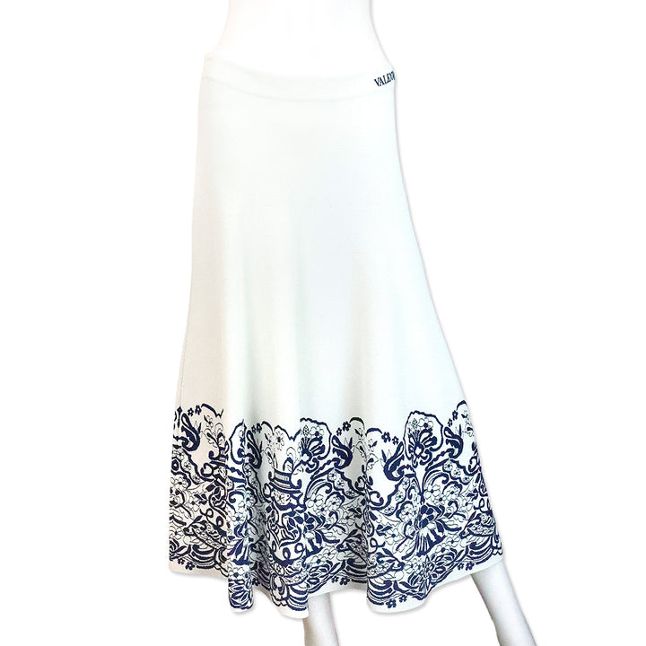 Valentino Garavani Ivory with Blue Floral Trim Print Stretch Jersey Flared Midi Skirt