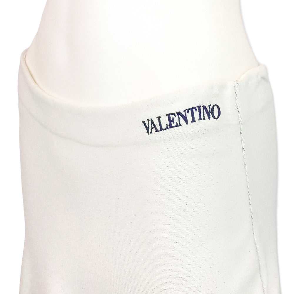 Valentino Garavani Ivory with Blue Floral Trim Print Stretch Jersey Flared Midi Skirt
