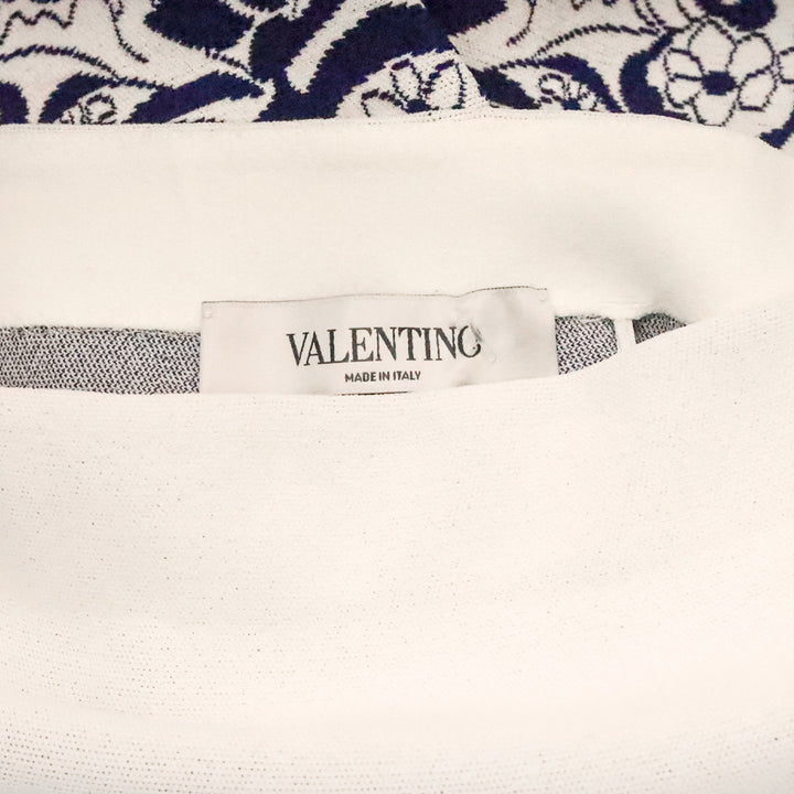 Valentino Garavani Ivory with Blue Floral Trim Print Stretch Jersey Flared Midi Skirt