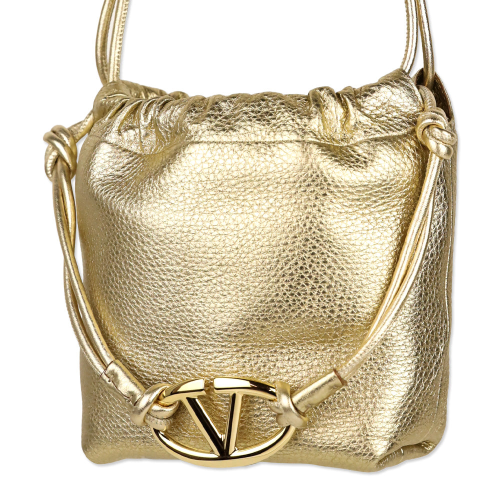Valentino Garavani Metallic Gold Leather Mini Vlogo Pouf Bucket Bag