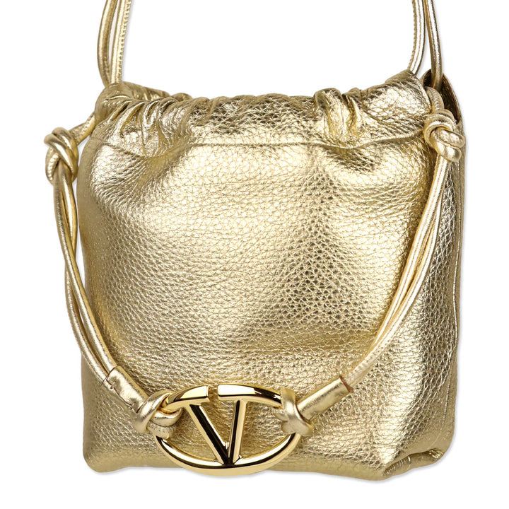 Valentino Garavani Metallic Gold Leather Mini Vlogo Pouf Bucket Bag