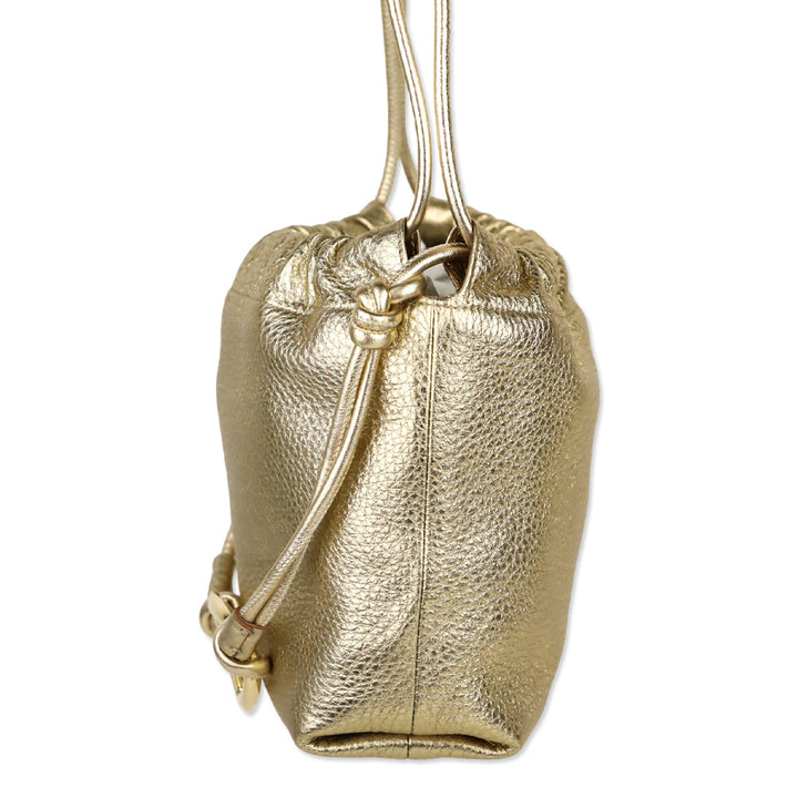 Valentino Garavani Metallic Gold Leather Mini Vlogo Pouf Bucket Bag