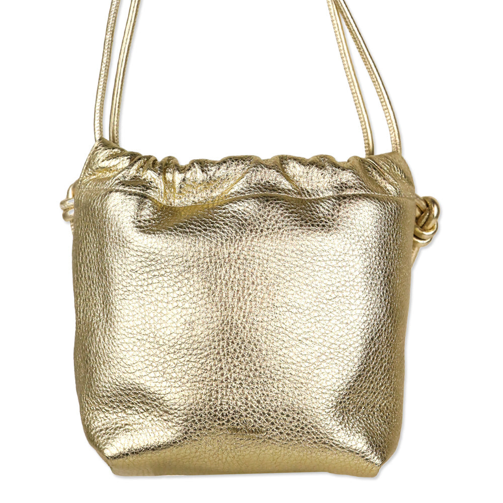 Valentino Garavani Metallic Gold Leather Mini Vlogo Pouf Bucket Bag