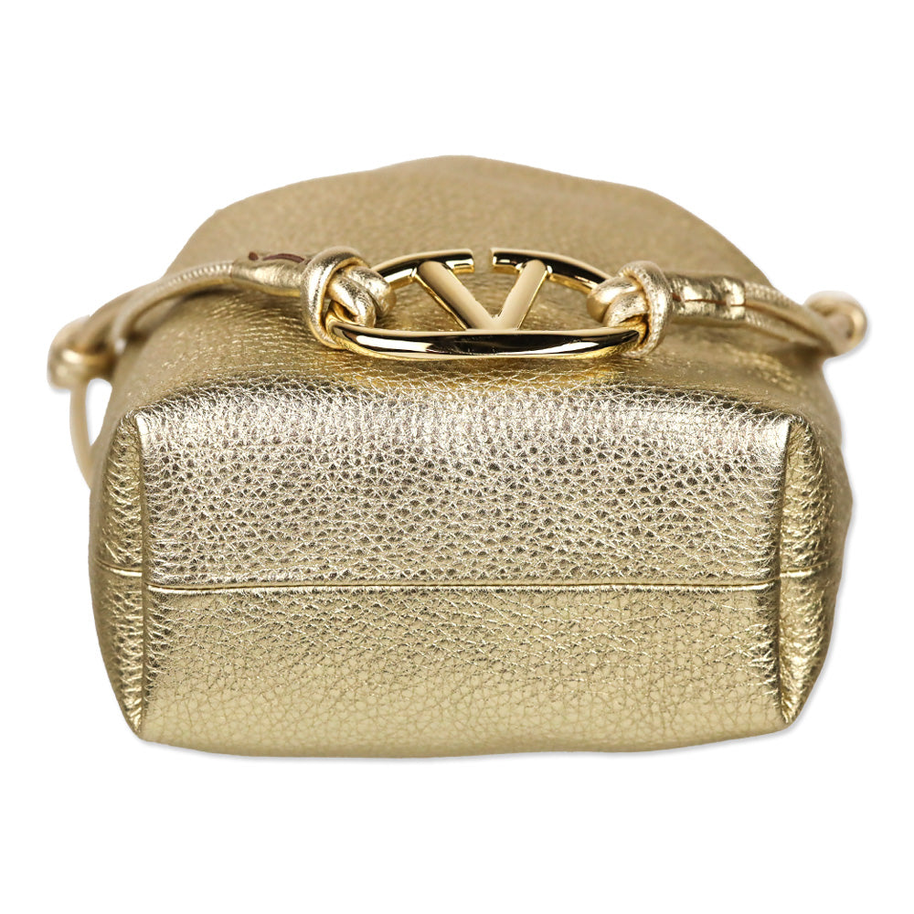 Valentino Garavani Metallic Gold Leather Mini Vlogo Pouf Bucket Bag