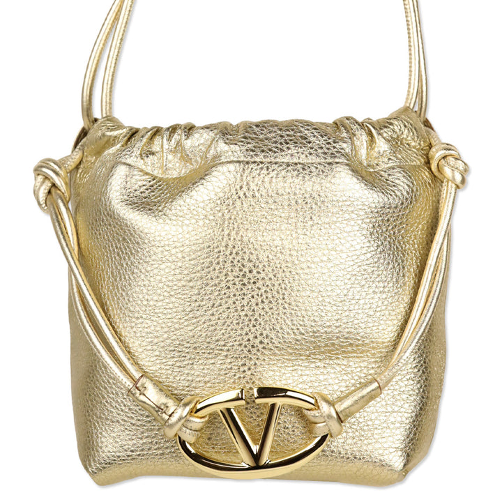 Valentino Garavani Metallic Gold Leather Mini Vlogo Pouf Bucket Bag