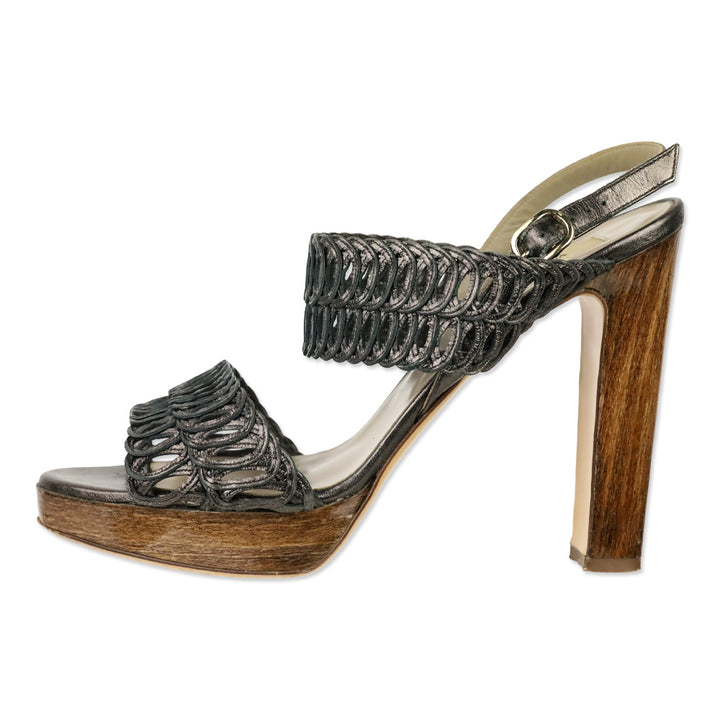 Valentino Garavani Metallic Grey Woven Leather Wood Platform Sandal