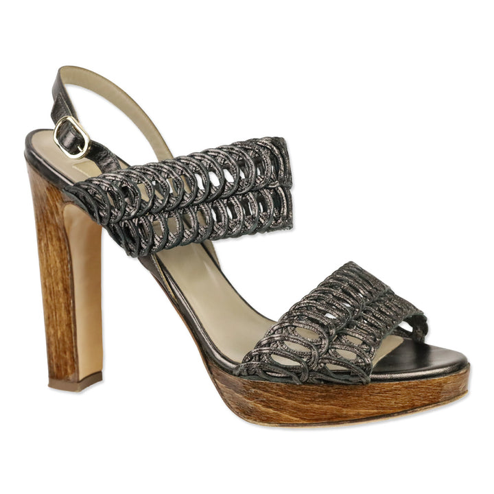 Valentino Garavani Metallic Grey Woven Leather Wood Platform Sandal