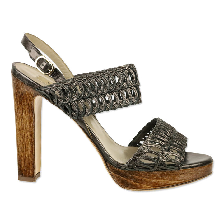 Valentino Garavani Metallic Grey Woven Leather Wood Platform Sandal