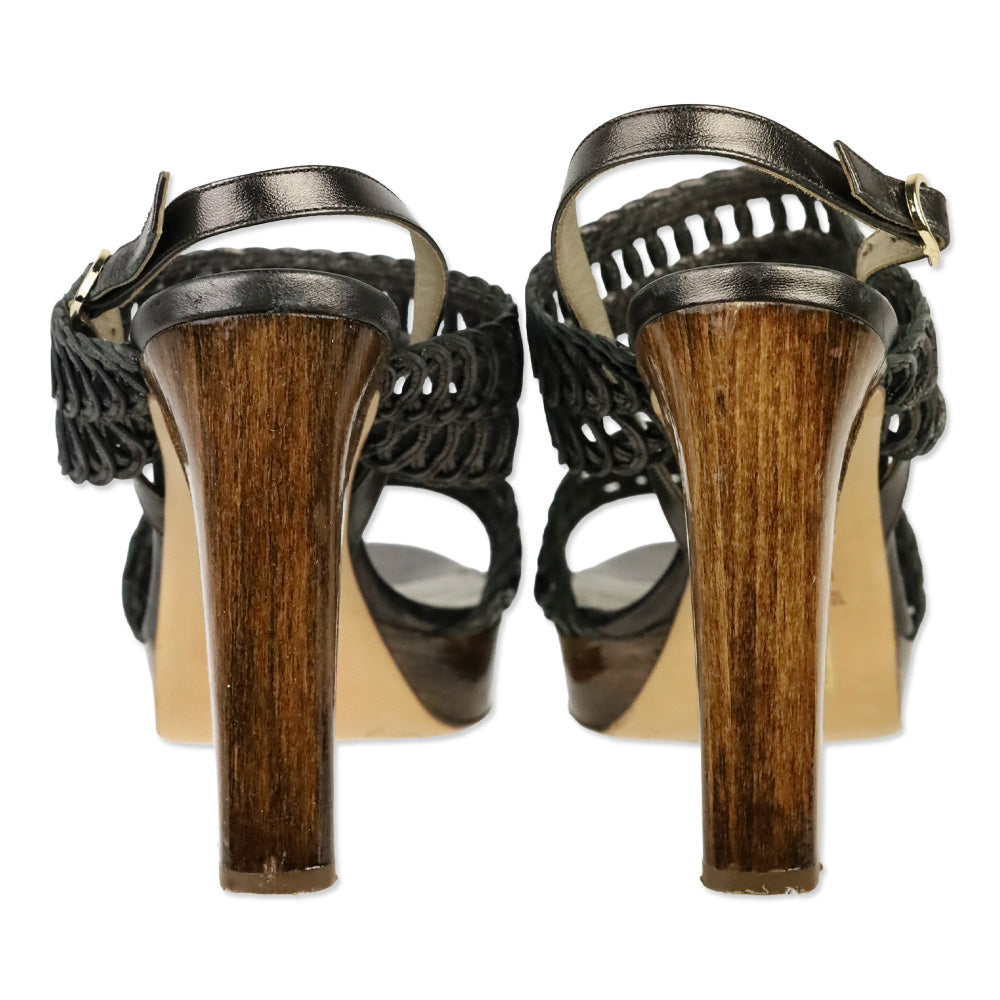 Valentino Garavani Metallic Grey Woven Leather Wood Platform Sandal