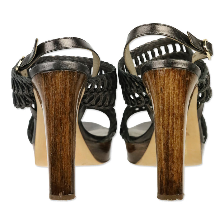 Valentino Garavani Metallic Grey Woven Leather Wood Platform Sandal