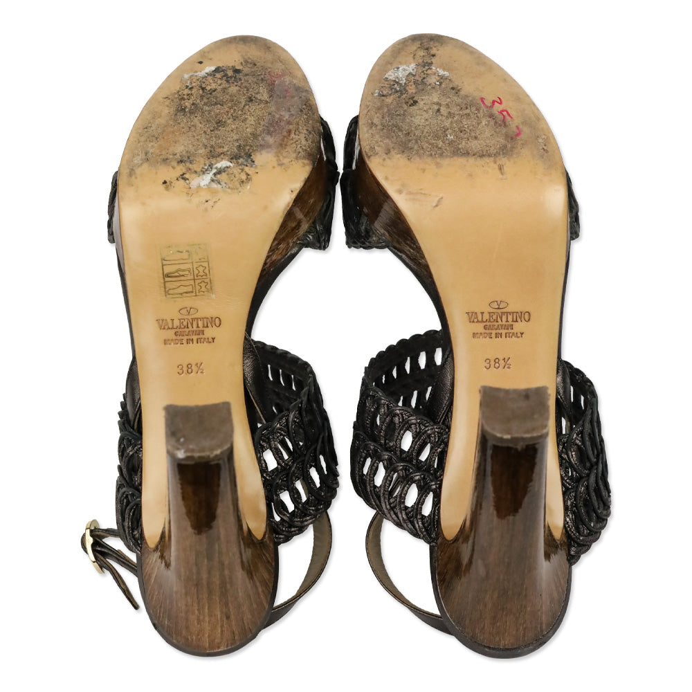 Valentino Garavani Metallic Grey Woven Leather Wood Platform Sandal
