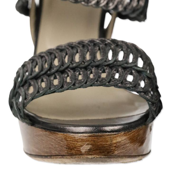 Valentino Garavani Metallic Grey Woven Leather Wood Platform Sandal
