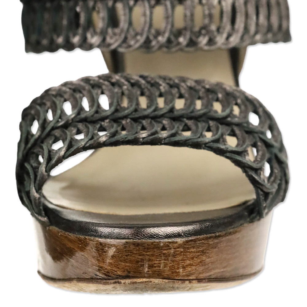 Valentino Garavani Metallic Grey Woven Leather Wood Platform Sandal