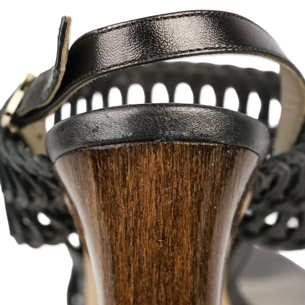 Valentino Garavani Metallic Grey Woven Leather Wood Platform Sandal