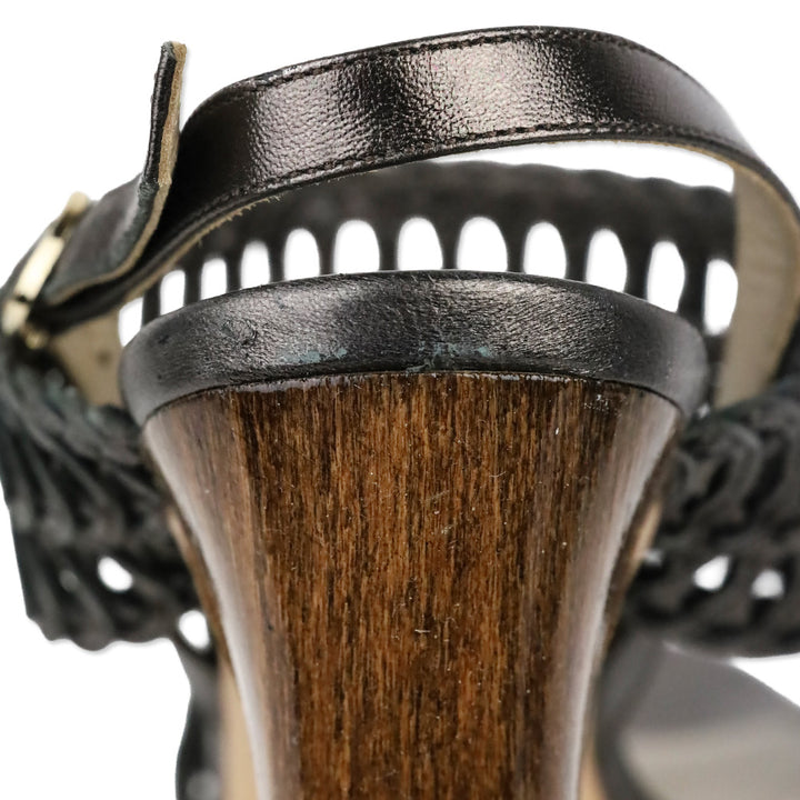 Valentino Garavani Metallic Grey Woven Leather Wood Platform Sandal