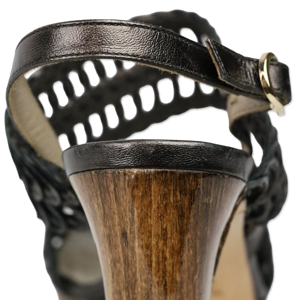 Valentino Garavani Metallic Grey Woven Leather Wood Platform Sandal