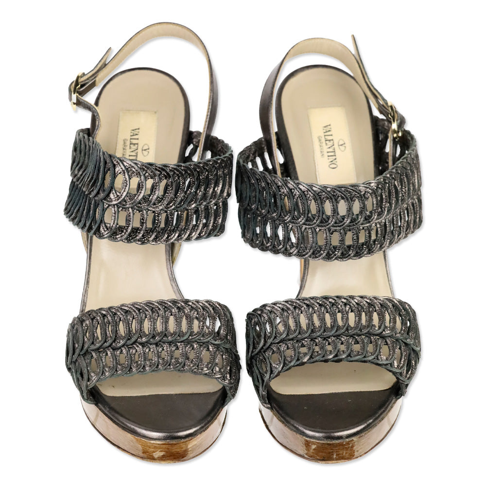 Valentino Garavani Metallic Grey Woven Leather Wood Platform Sandal