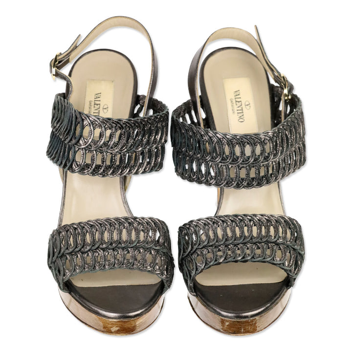 Valentino Garavani Metallic Grey Woven Leather Wood Platform Sandal