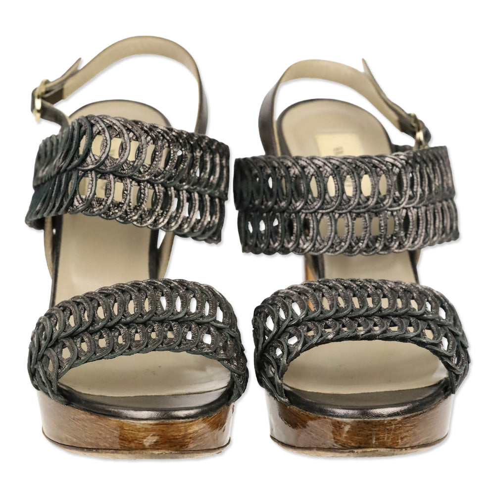 Valentino Garavani Metallic Grey Woven Leather Wood Platform Sandal