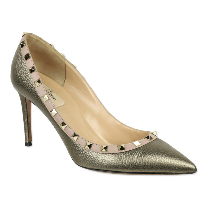 Valentino Garavani Metallic Pewter Grained Leather Rockstud Trim Pump