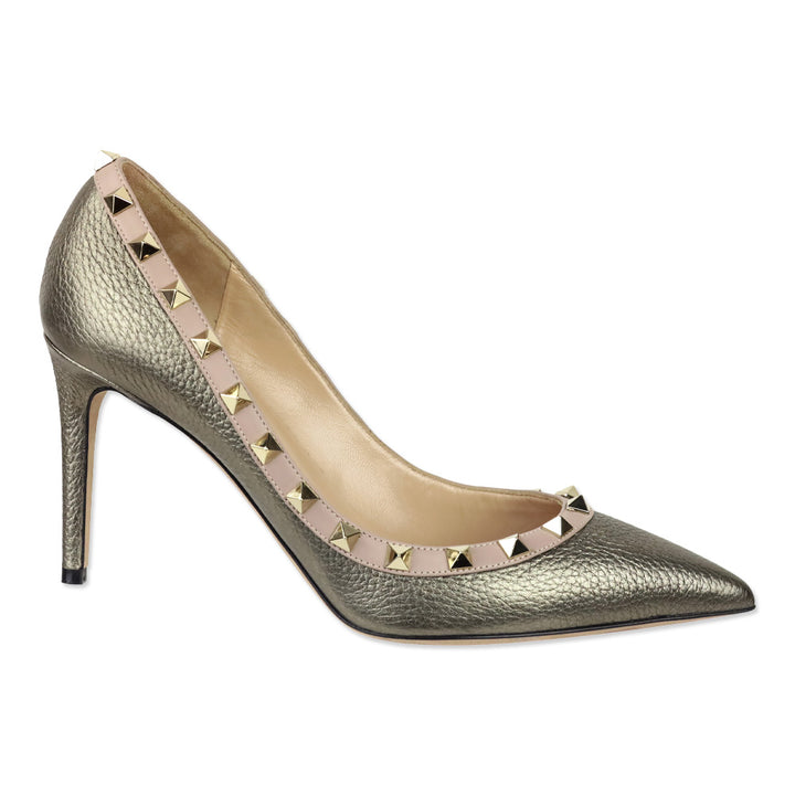 Valentino Garavani Metallic Pewter Grained Leather Rockstud Trim Pump