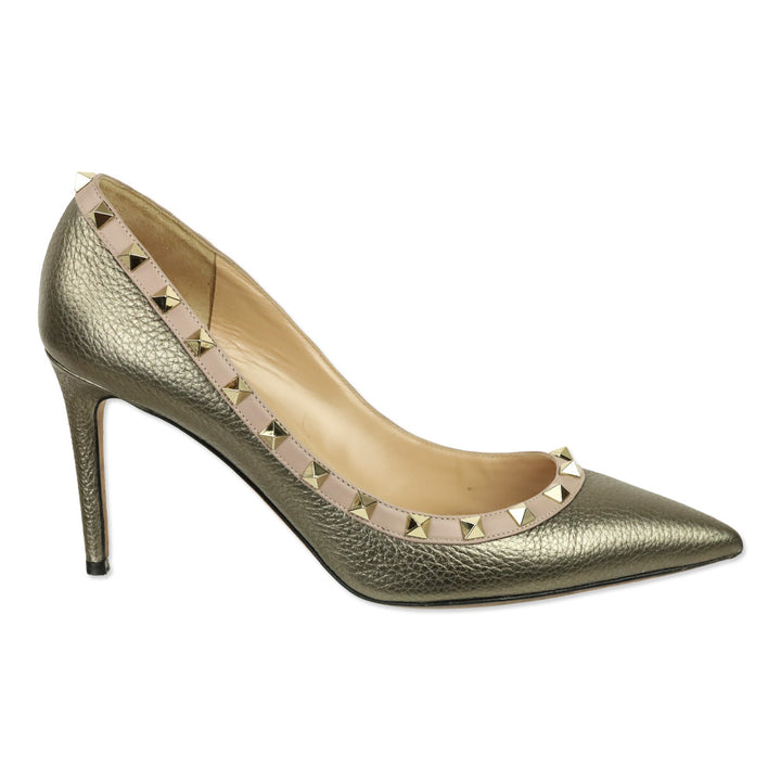 Valentino Garavani Metallic Pewter Grained Leather Rockstud Trim Pump
