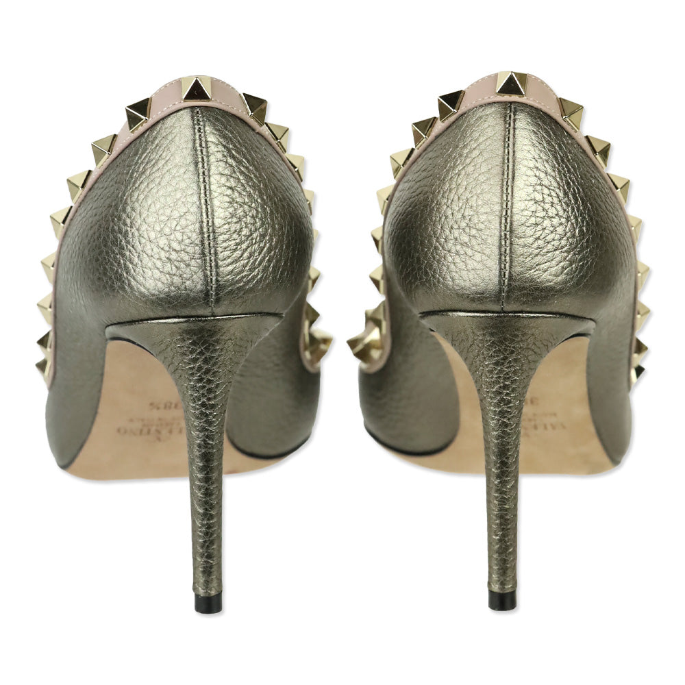 Valentino Garavani Metallic Pewter Grained Leather Rockstud Trim Pump