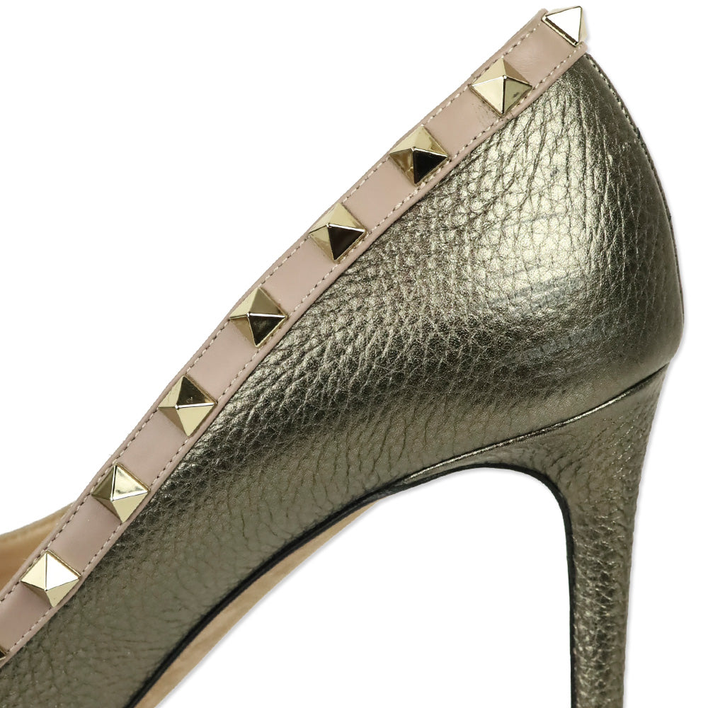 Valentino Garavani Metallic Pewter Grained Leather Rockstud Trim Pump
