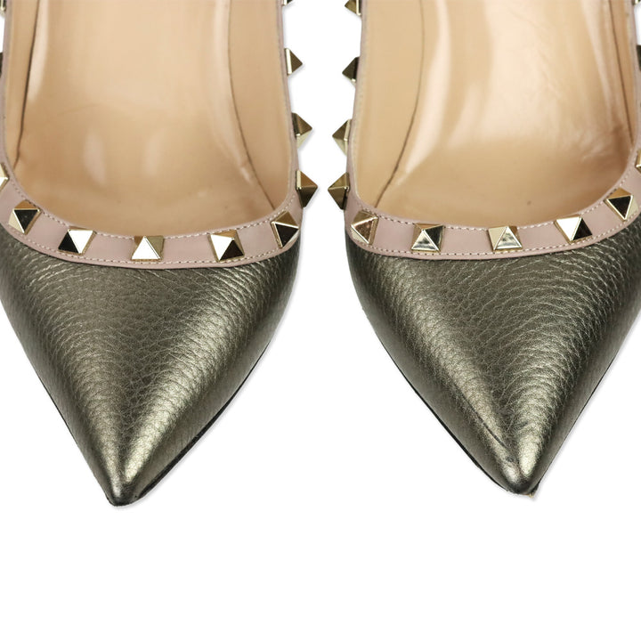Valentino Garavani Metallic Pewter Grained Leather Rockstud Trim Pump