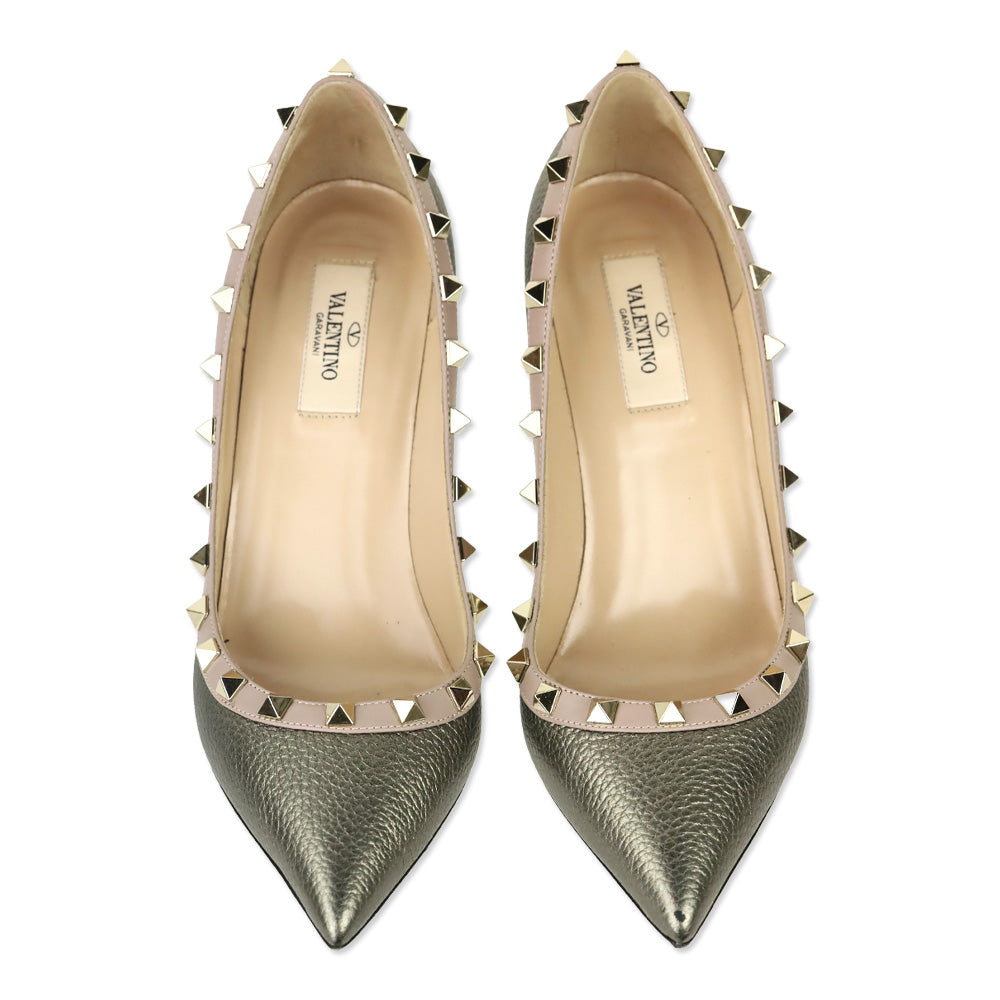 Valentino Garavani Metallic Pewter Grained Leather Rockstud Trim Pump