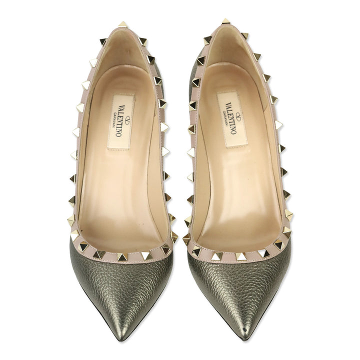 Valentino Garavani Metallic Pewter Grained Leather Rockstud Trim Pump