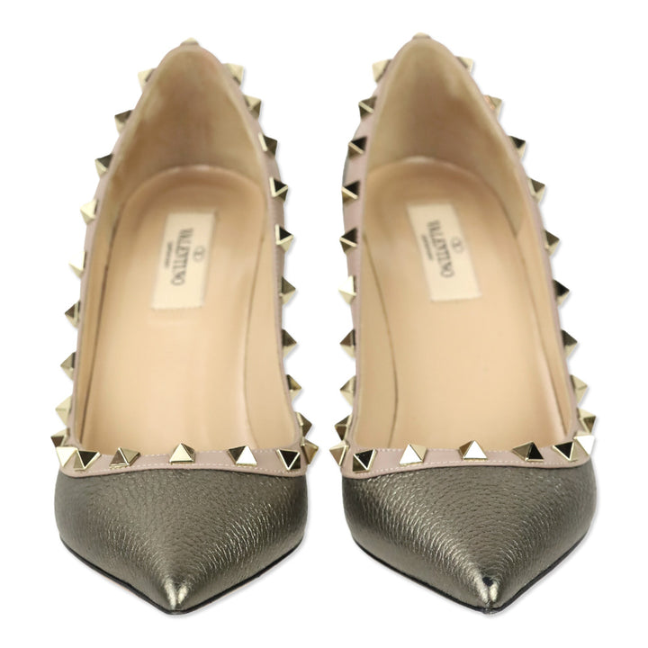 Valentino Garavani Metallic Pewter Grained Leather Rockstud Trim Pump