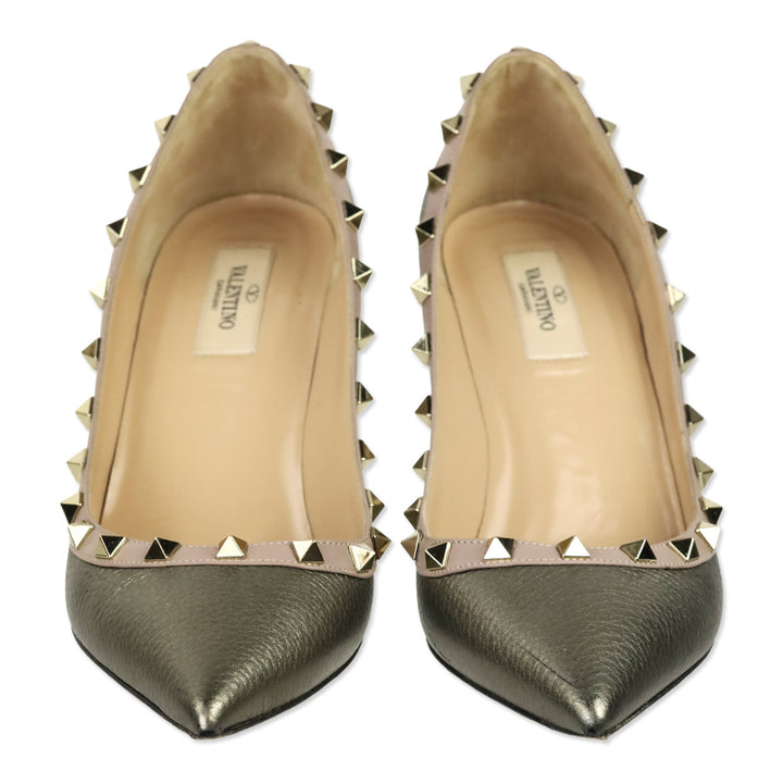 Valentino Garavani Metallic Pewter Grained Leather Rockstud Trim Pump