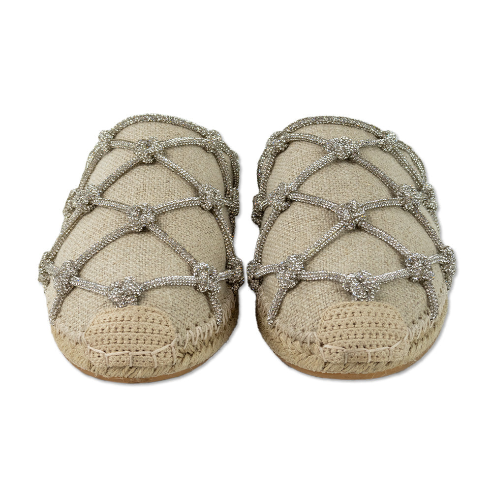 Valentino Garavani Natural Jute Rhinestone Caged Espadrille Mules