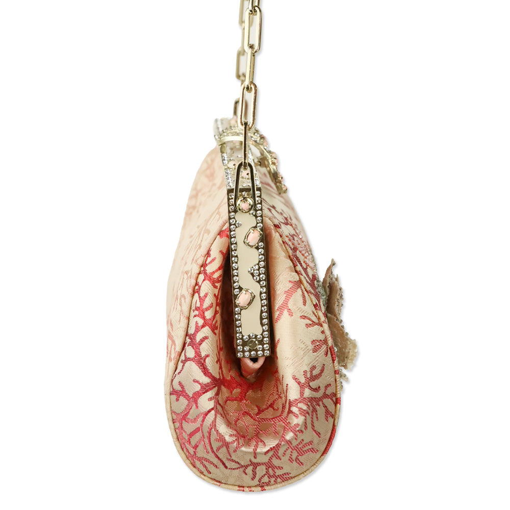 Valentino Garavani Pink Satin Coral Pattern Beaded Floral Appliqué Evening Bag