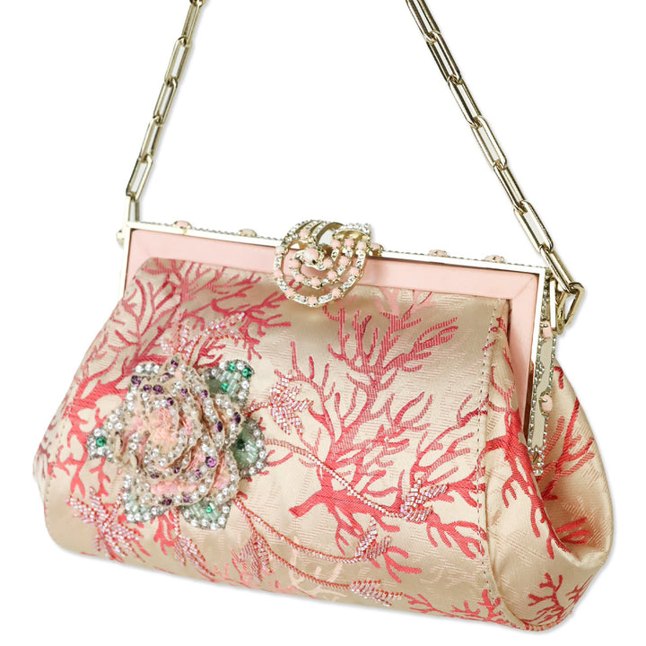 Valentino Garavani Pink Satin Coral Pattern Beaded Floral Appliqué Evening Bag