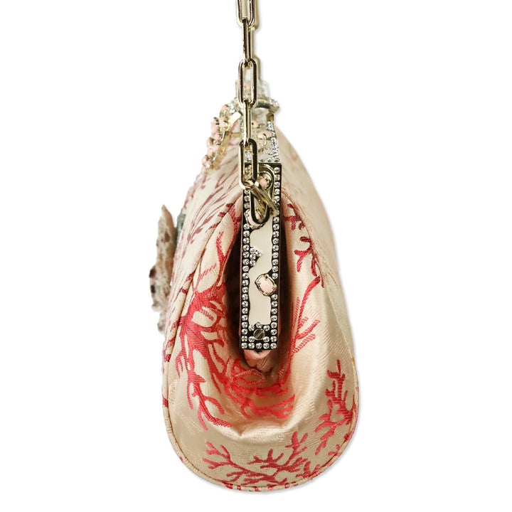Valentino Garavani Pink Satin Coral Pattern Beaded Floral Appliqué Evening Bag