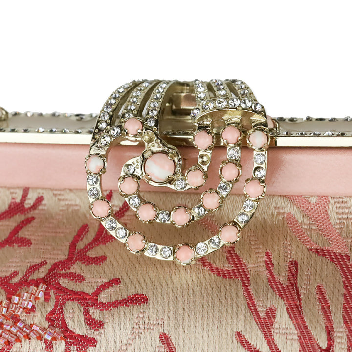 Valentino Garavani Pink Satin Coral Pattern Beaded Floral Appliqué Evening Bag